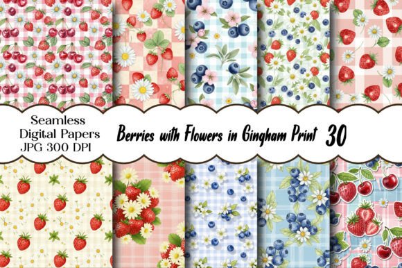 Berries with Flowers in Gingham Print: A Botanical Delight for Creative Projects