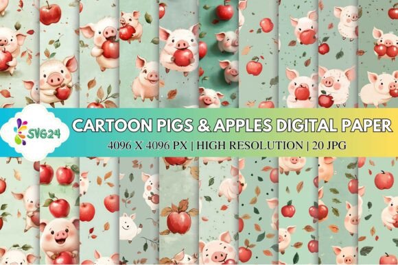 Cartoon Pigs Apples Digital Paper: A Playful Addition to Your Creative Workflow
