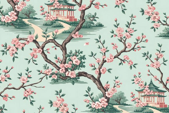 Mint Sakura Pagoda Landscape Pattern