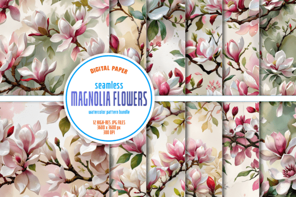 Seamless Magnolia Flower Watercolor Pack
