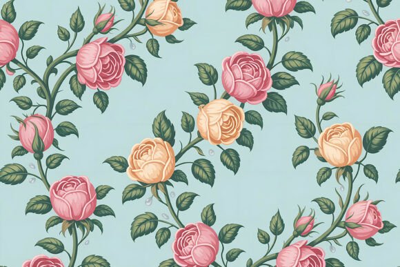 Vintage Gold Pink Rose Bouquet Seamless